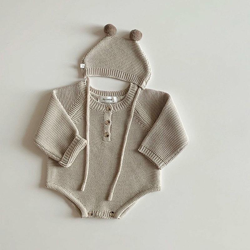 Autumn Korean Knit Romper & Cute Hat for Newborns - Unisex Snap-Crotch Sweater Romper