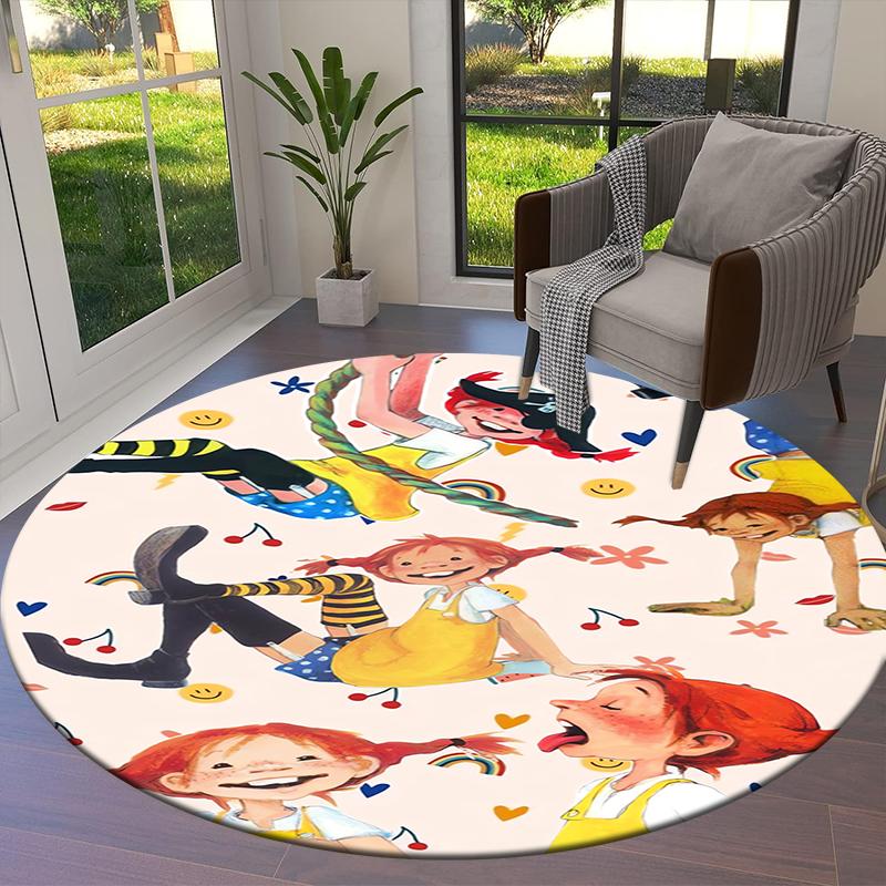 Круглый ковер с изображением мультфильма Пеппи Длинныйчулок, Ковер для гостиной, спальни, дивана, игровой комнаты, Нескользящий коврик Q0030