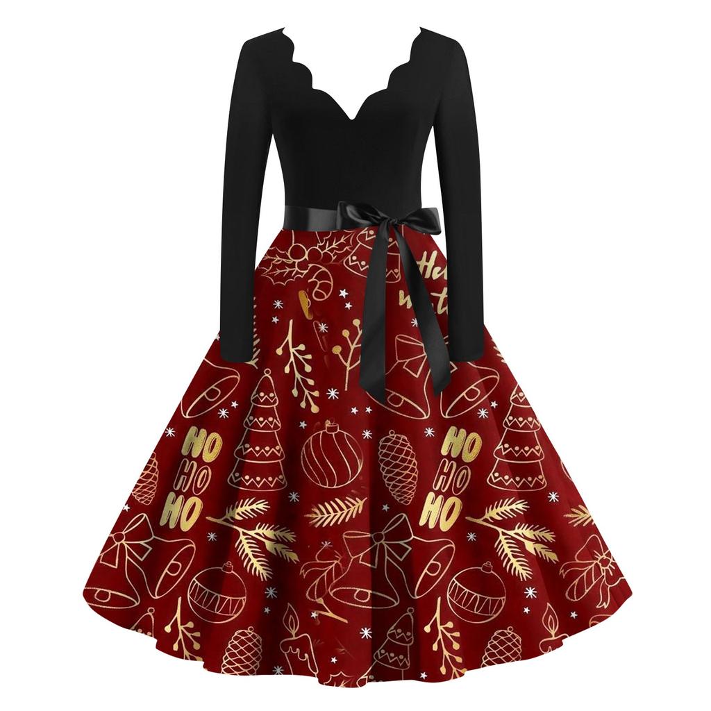 Рождественское платье с расклешенным принтом для женщин, платье с V-образным вырезом и длинными рукавами, повседневные платья