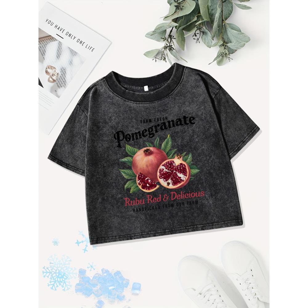 Casual Cotton Crop Tops Women Bright Pomegranate Printing Washed T-Shirts Regular Fit O-Neck Tees Street Womans Clothes