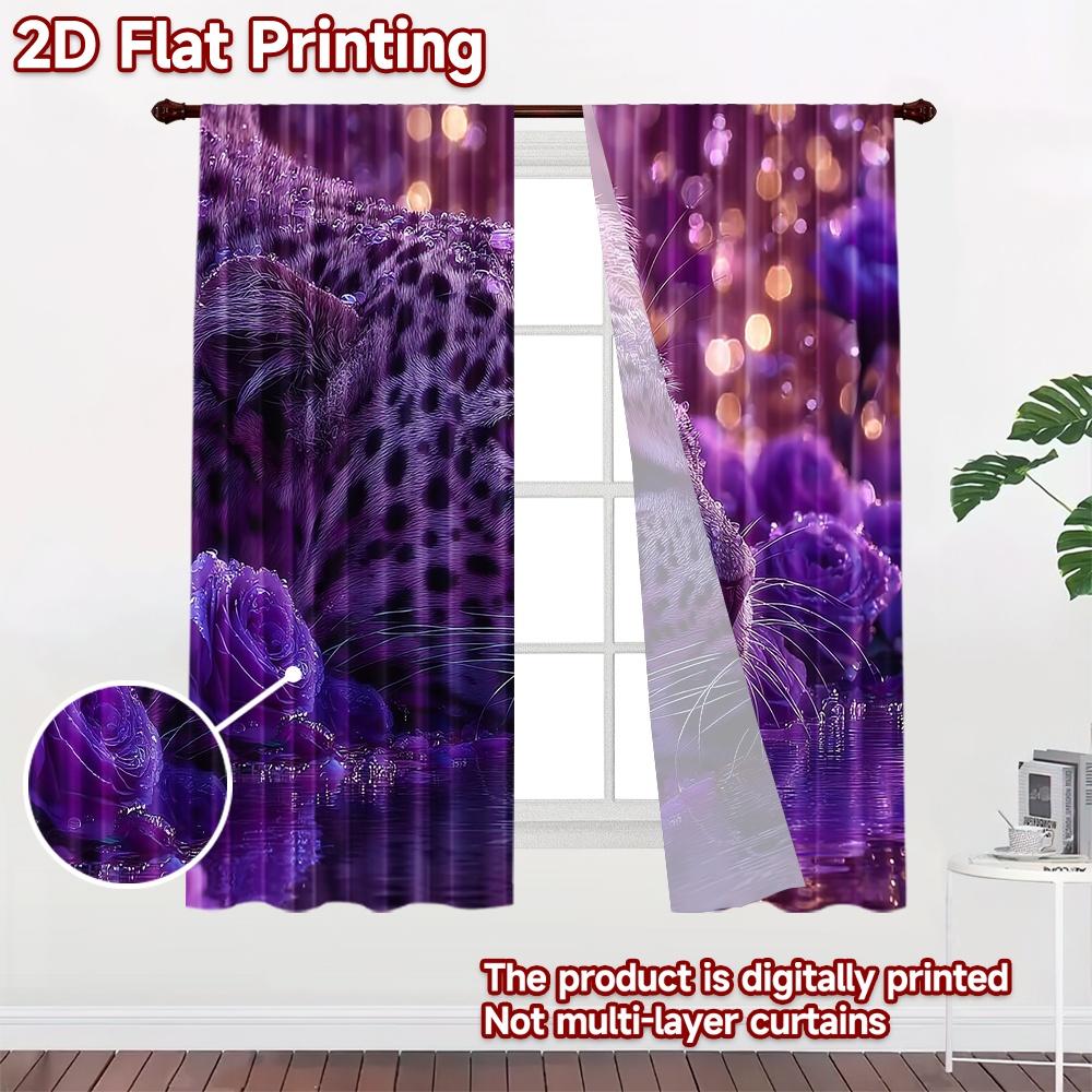 2D flat printing 2pcs Curtain Curtains Midnight Leopard with Roses Digital Printed Polyester Drapes Festive Holiday for Holiday