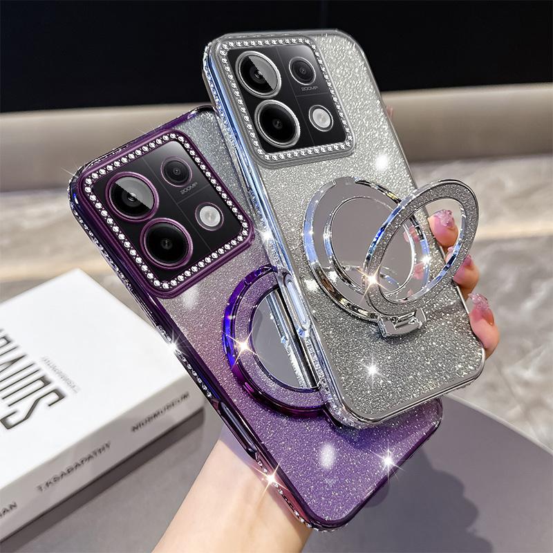 KEYSION Glitter Jewelled Magnetic Phone Case for Redmi Note 13 4G 13 Pro+5G Mirror Stand Shockproof Cover for Xiaomi POCO X6 M6 Pro