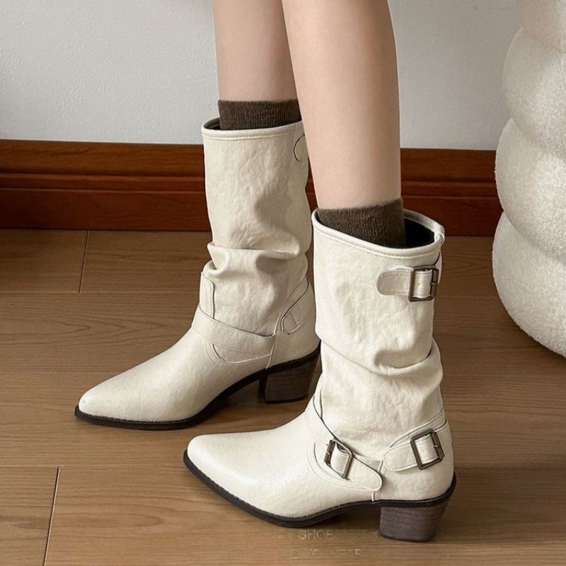 Fashion Women Boots Pointed Coarse Heel Short Boots British Style Belt Buckle Women Boot High Quality Fashion Temperament Leather Boots