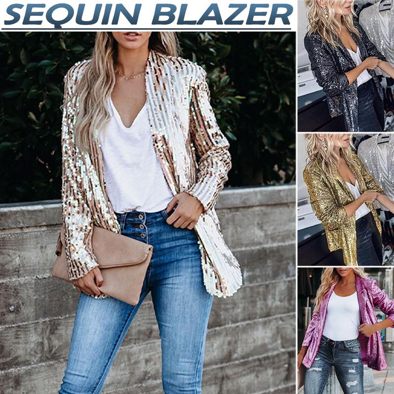 Womens Sequin Blazer Suit Glitter Open Front Thin Jacket Ladies Party Outwear