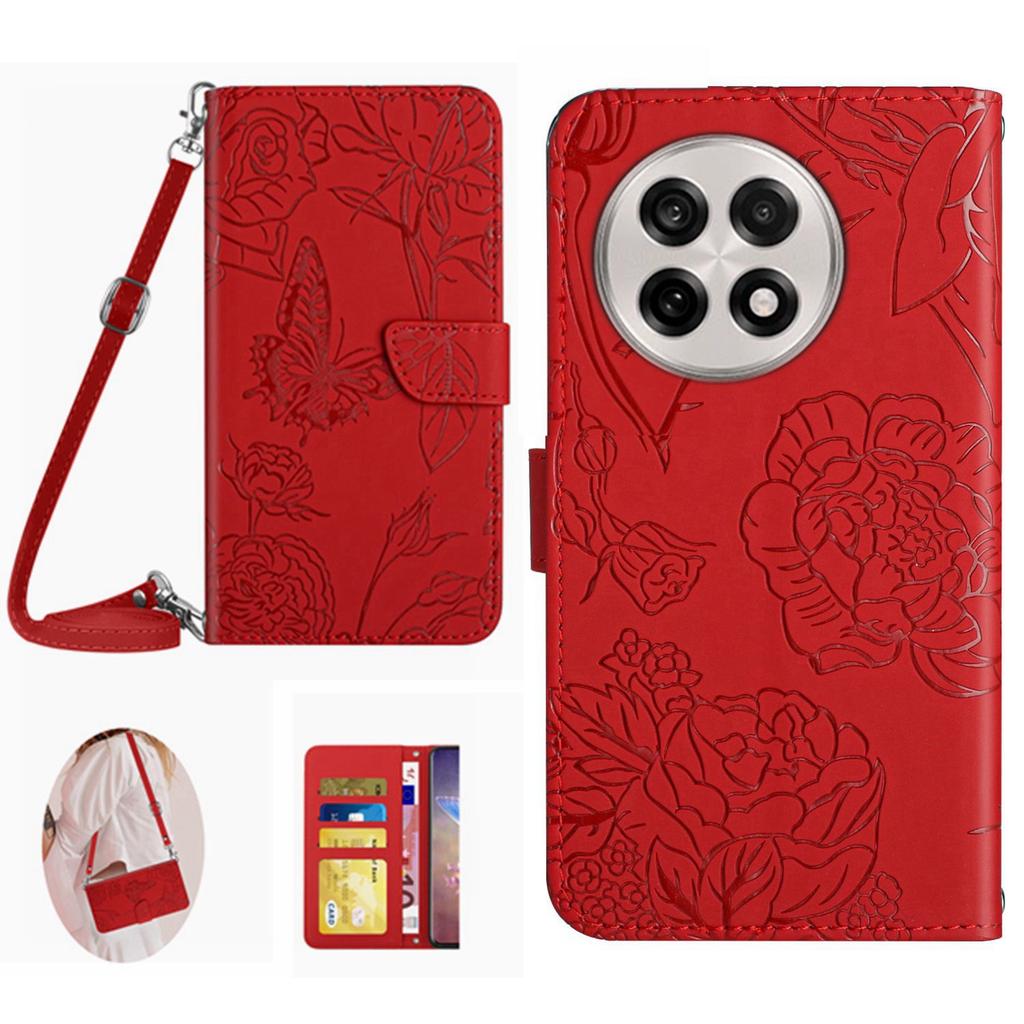 For OnePlus 13R 5G Case Butterfly Flower Imprint Leather Phone Cover with Shoulder Strap