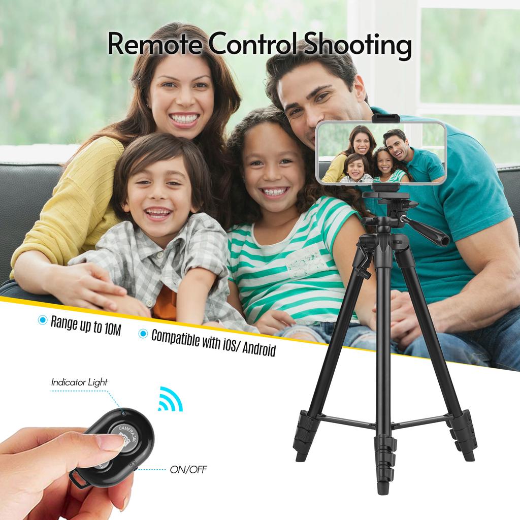 Portable Tripod Stand Aluminum Alloy 135cm 53in Max. Height 3kg Load Capacity with Phone Clamp Remote Shutter for