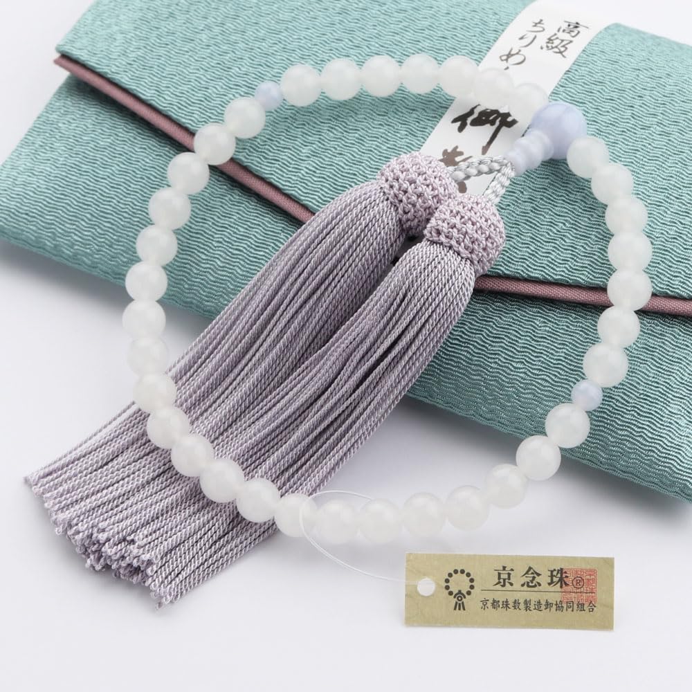 Четки для женщин, приблизительно 7 мм, белый оникс, синее кружево, чистый шелк, кисточка, четки, белый оникс, халцедон, дзюдзу, милые, распространены в сектах