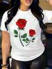 Roses Print Crew Neck T-Shirt Casual Short Sleeve T-Shirt for Spring & Summer Women's Clothing
