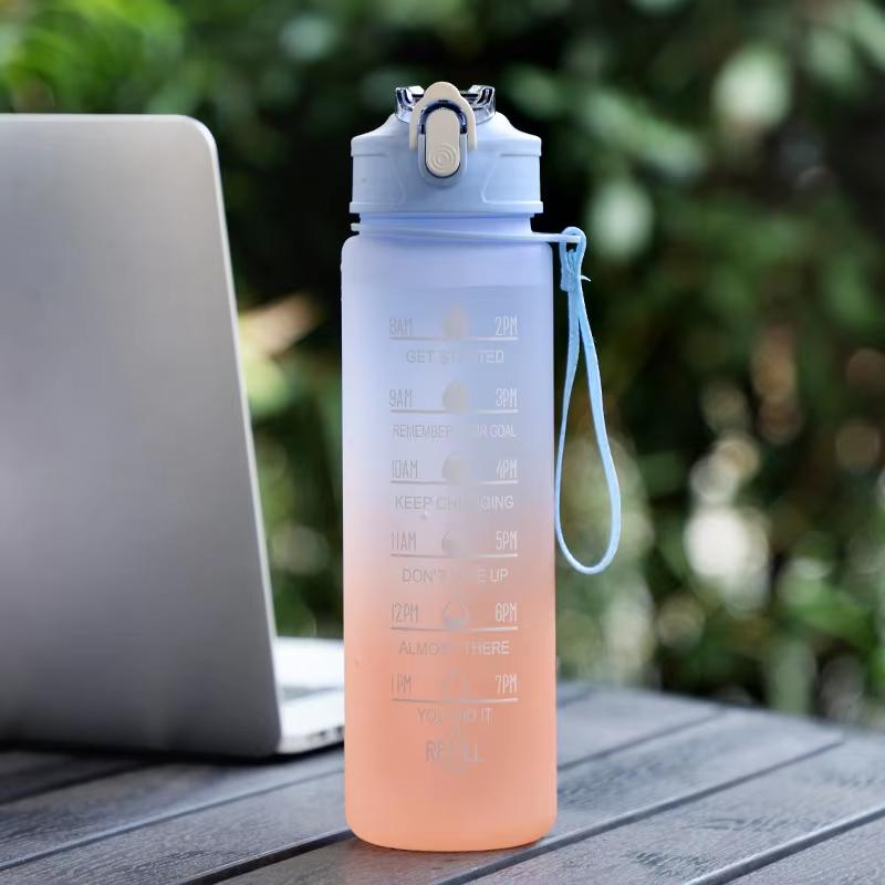 0. 9 Liter Water Bottle with Straw Female Girls Large Portable Travel Bottles Sports Fitness Cup  Cold Water with Time Scale