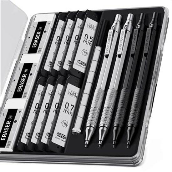 Four Candies Metal Mechanical Pencil 4-Piece Set 0.50.7 mm Pencils 480 HB Replacement Leads Eraser Case Included Stationery BlackSilver