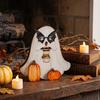 Decorative Ghost Figurine with Pumpkin Halloween Table Ornament, 2D Wooden Decorations Pumpkin/Black Cat/Broom Decor for Home Office Desktop