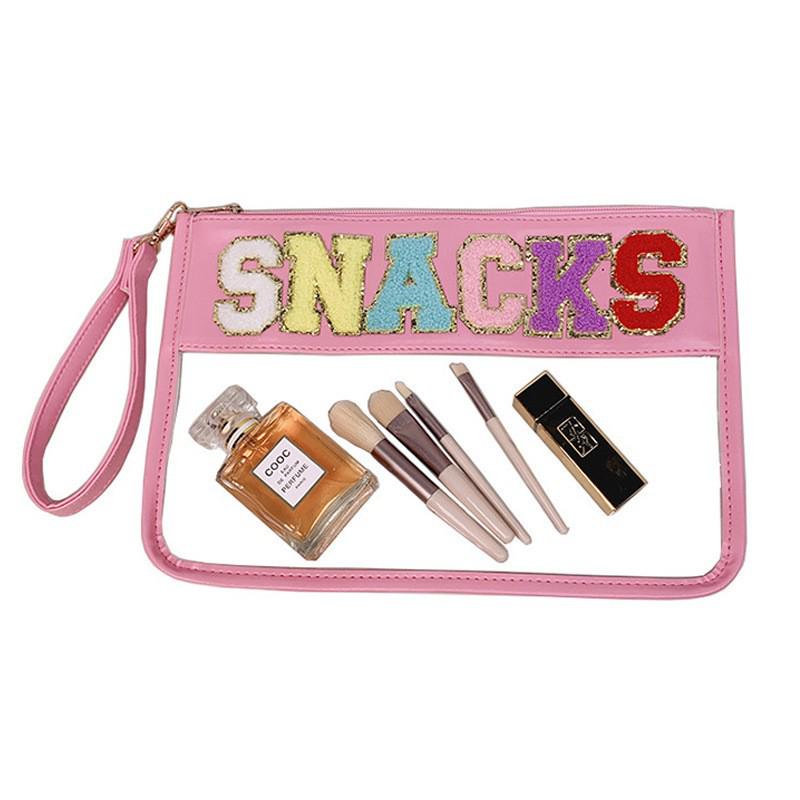 Transparent PVC Zipper Snack Bag with Embroidered Letters - Portable PU Waterproof Makeup and Toiletry Handbag