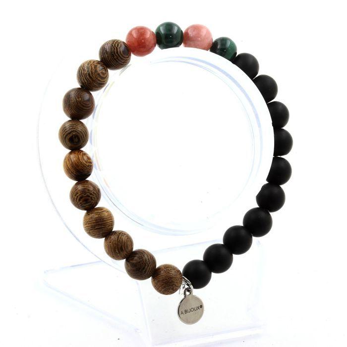 Stones and Minerals. Congo Malachite Beads Bracelet + Sunstone + Matte Black Onyx Made In France.