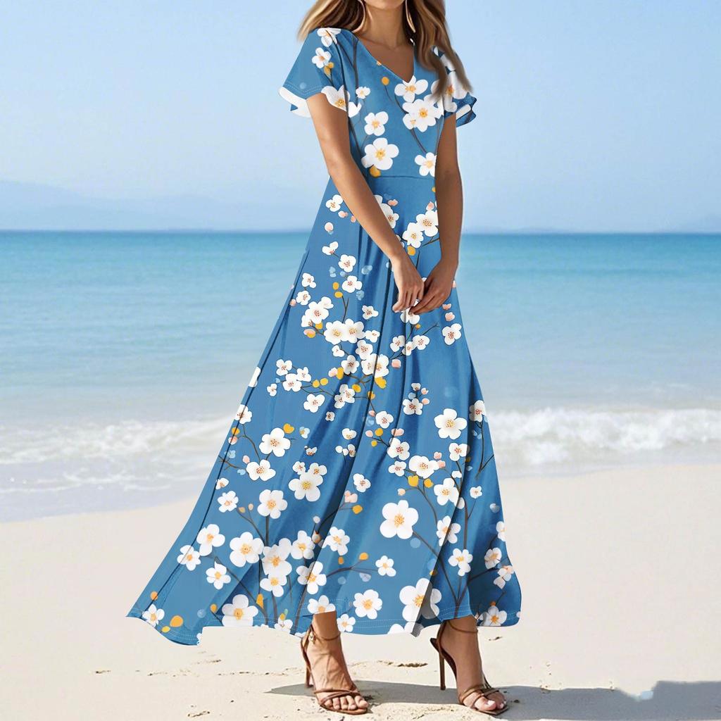 Женские повседневные модные длинные платья с принтом, платья с V-образным вырезом и коротким рукавом