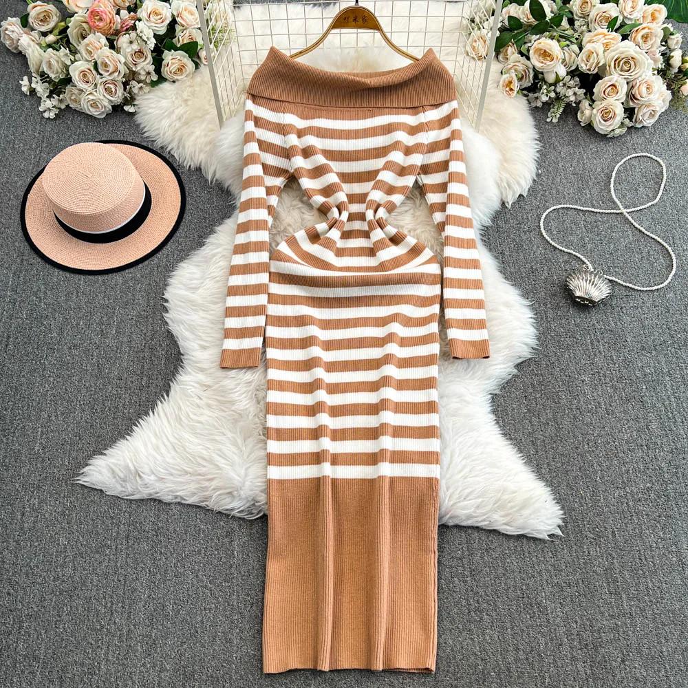 Платье-футляр с открытыми плечами Falda Sexy Mujer Slash Neck Striped Color Block Slim Knitted Bodycon Dress Autumn Wrapped Dresses ChicDresses