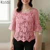 Women Casual Round Neck Half Sleeve Patchwork Lace Blouse
