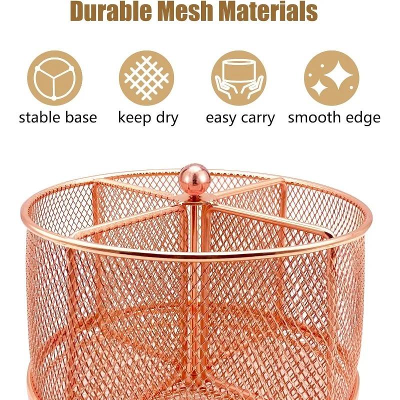 Compartment Silverware Cutlery Holder 360 Rotating Metal Utensil Fork Spoon Napkin Organizer Flatware StorageRose Gold Pink