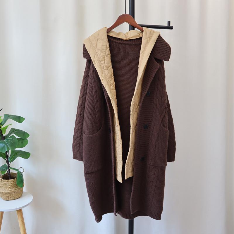 Long Over-knee Splicing Cotton Clothes Knitted Cardigan Autumn and Winter New Hooded Loose Design Sweater Jacket Women