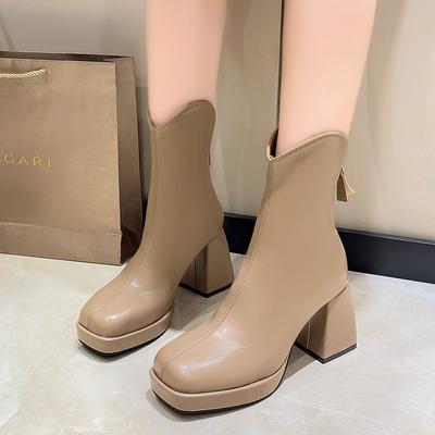 Ботинки мартинсы весна и осень зима короткие ботинки женские новые 2025 тонкие задняя молния высокий каблук квадратный носок толстый каблук тонкие ботинки