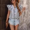 Women's Summer Top Color Stripes Patchwork Shirt Lotus Leaf Flying Sleeve Sleeve Shirt Top