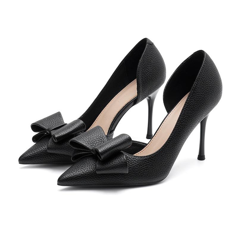 Элегантные женские туфли на шпильке, пустые туфли на высоком каблуке с бантом сбоку, банкетные темпераментные туфли с острым носком и неглубоким носком