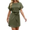 Женские летние короткие платья с круглым вырезом, повседневное платье с рукавами «летучая мышь», с поясом для женщин