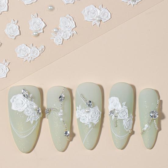 Наклейка на ногти Rose с французским искусственным жемчугом в стиле арт-стиль, самоклеящаяся ПВХ, водонепроницаемая, сделай сам, съемная, рельефная