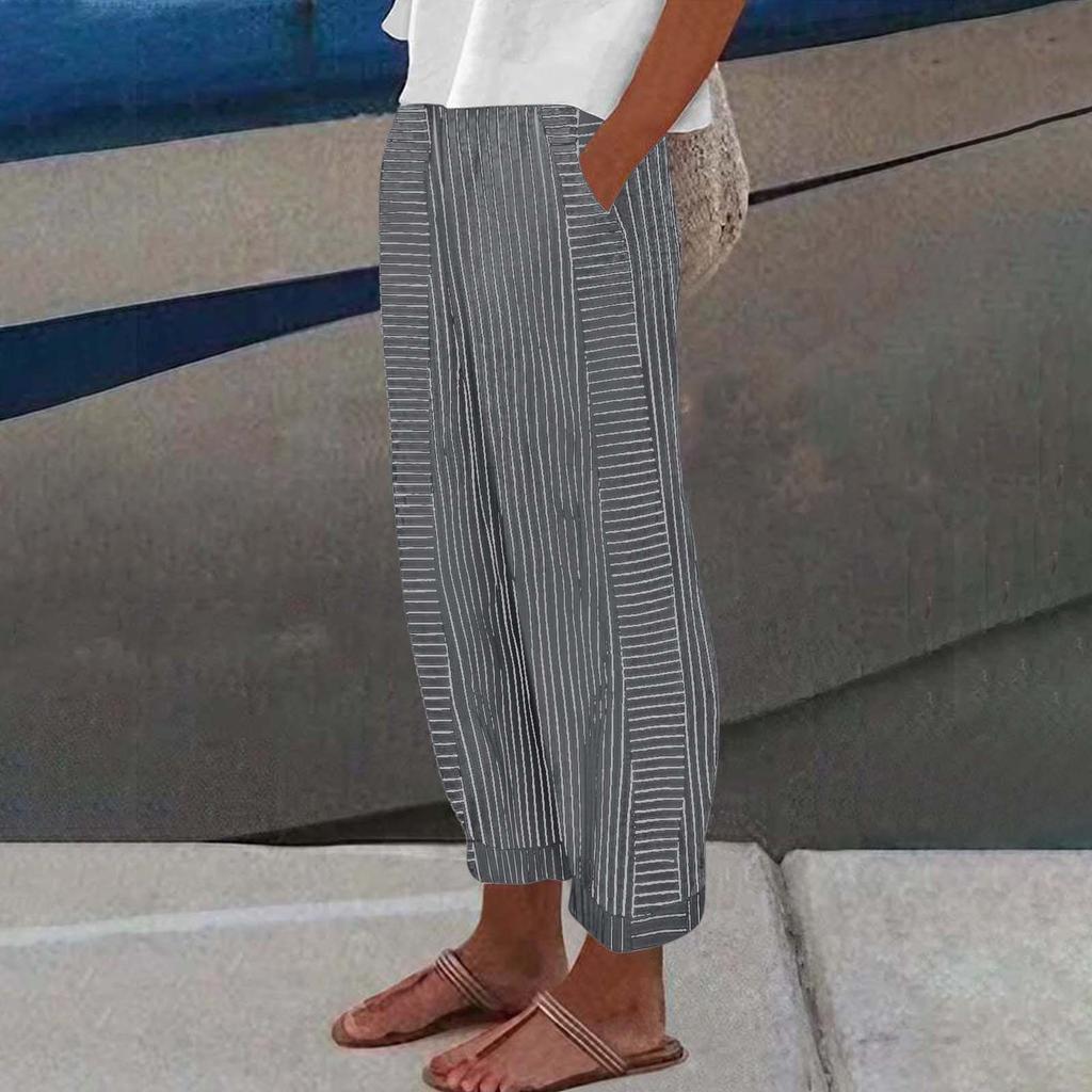 Women Casual Stripe Print Up Trendy Pants Baggy Elastic Waist Straight Leg Comfort Trousers With Pocket