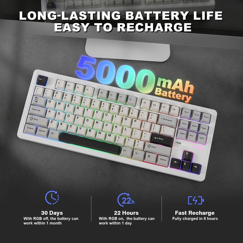 YUNZII YZ87 Mechanical Keyboard with Gasket TKL Wireless Hot Swapper Gaming Keyboard 4 Layer Pad NKRO RGB Backlight for Technical Compliance Certified