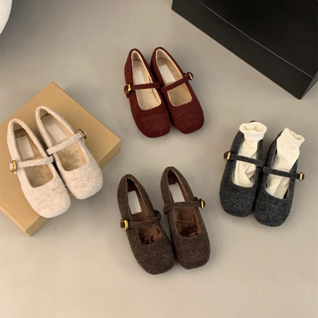 Женская зимняя обувь Мэри Джейн, повседневные нескользящие туфли на плоской подошве с ремешком на щиколотке, офисные туфли на плоской подошве, флисовые туфли Мэри Джейн с квадратным носком для женщин