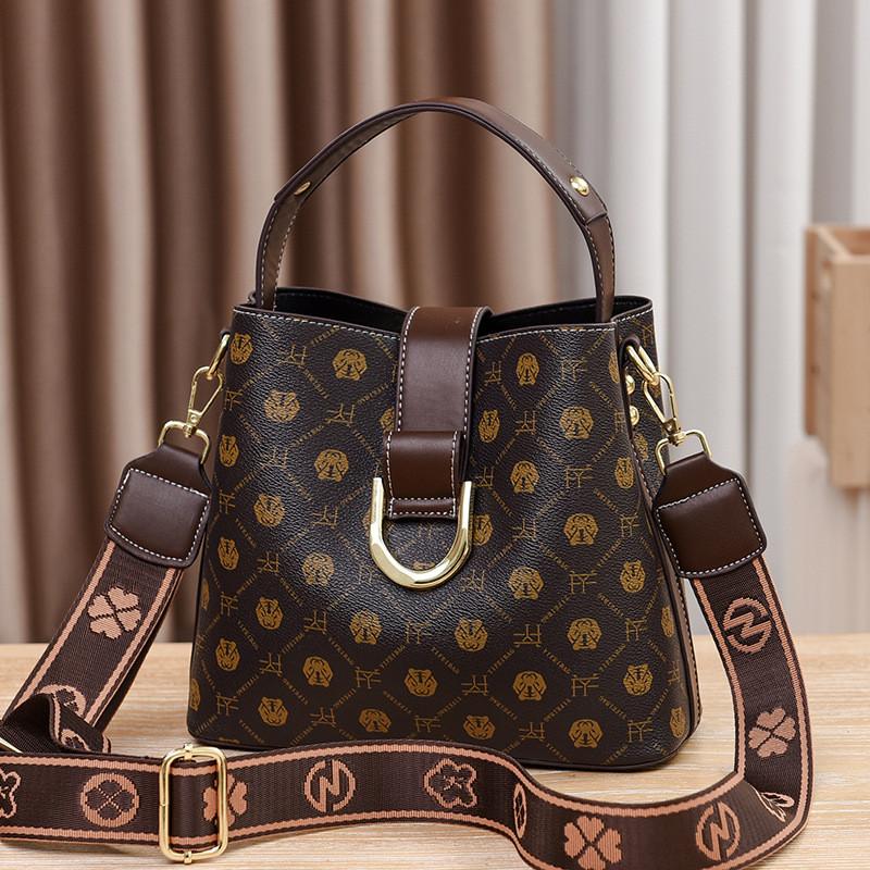 Stylish Vintage Ladies Bucket Bag With Floral Print In Coffee Beige And Earthy Yellow Colors