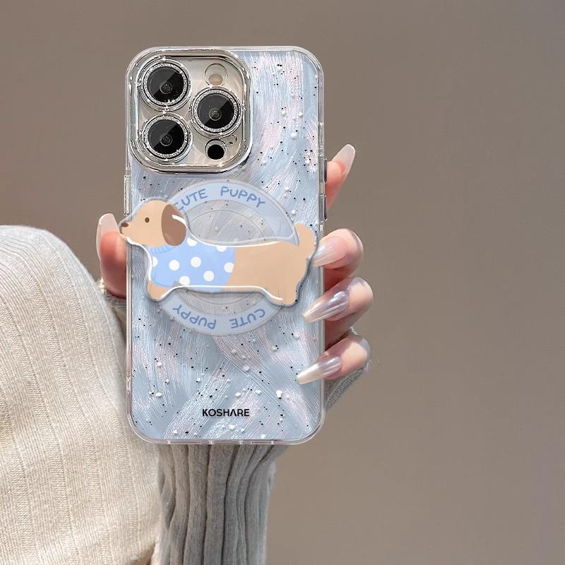 Подходит для iPhone 15, Чехол для телефона 14PRO, Милый щенок с брызгами краски, Магнитная подставка 13, Полностью обернутая защитная пленка для объектива 12, Газ X