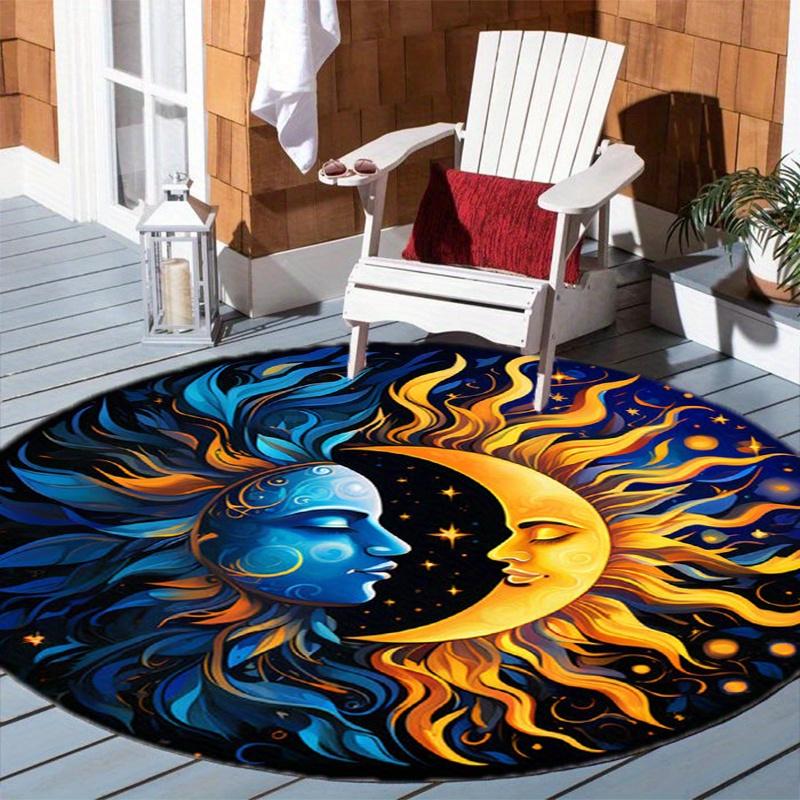 Yellow Blue Moon Sun Round Rug Floor Mat Doorway Rug With Nonslip Backing Outdoor Patio Camping Rug Floor Mat Living Room Bedroom Decoration