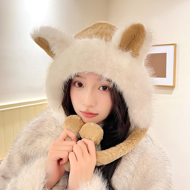Women's Cozy Fox Ear Plush Hat with Integrated Scarf - Warm, Soft Lei Feng Design for Autumn and Winter. Perfect Ear Protection for Students.