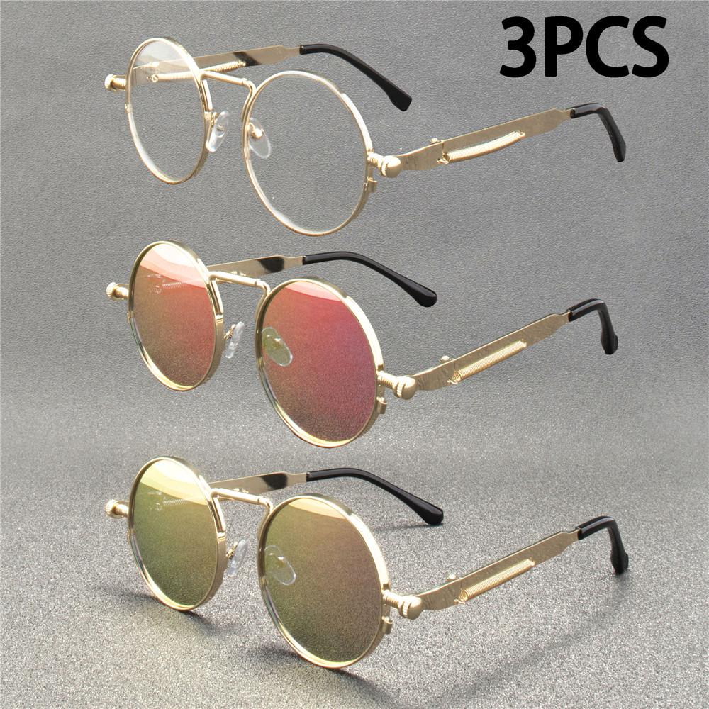 3PCS Vintage Punk Style Sunglasses Men Retro Round Metal Frame Women Sun Glasses Fashion Eyewear Mujer
