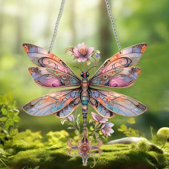 Акриловый подвесной орнамент в виде стрекозы, ловец солнца, красочный ловец солнца на окно с металлическими цепями для декора крыльца дома и сада