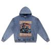 DTG Print Knitted Denim Zip-Up Hoodie Streetwear Motorcycle Brother Print Zipper Hoodies  
