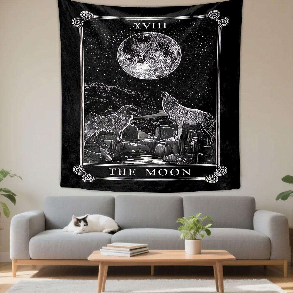 The Moon Tarot Card XVIII Tapestry Wall Hanging, Mystical Moon Card Art, Bohemian Wall Decor for Bedroom Living Room