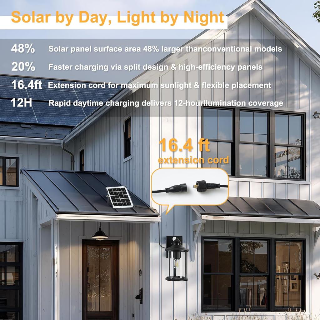 Уличный солнечный настенный фонарь, датчик движения от заката до рассвета, водонепроницаемый, заменяемая батарея и панель, черный (1 пакет)