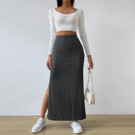 Maxi Skirt with Side Slits High-Waisted Ribbed Long Skirt Solid Color Hip Wrapped Autumn Winter Long Skirt
