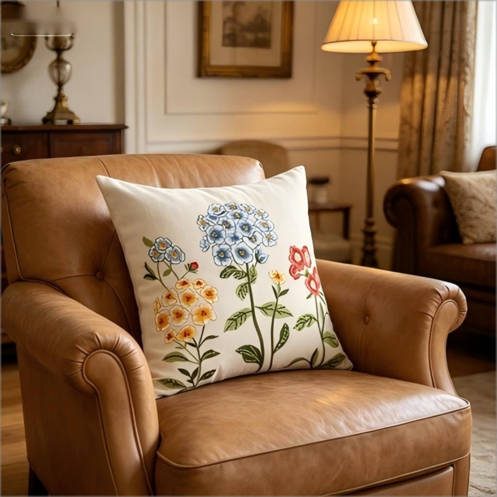 Hydrangea Floral Print Throw Pillow Cover, Colorful Blue Yellow Pink Flower Faux Embroidery Style Decorative Cushion For Sofa