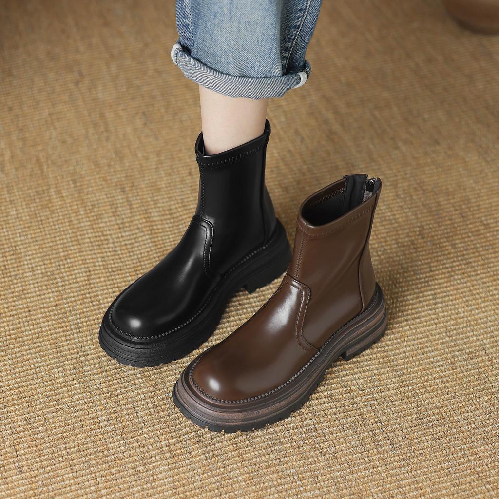 Krazing Pot Микрофибра Осенне-зимняя обувь Толстый высокий каблук Молния Платформа Размер 43 Мотоциклетные ботинки Коричневый цвет Ботильоны