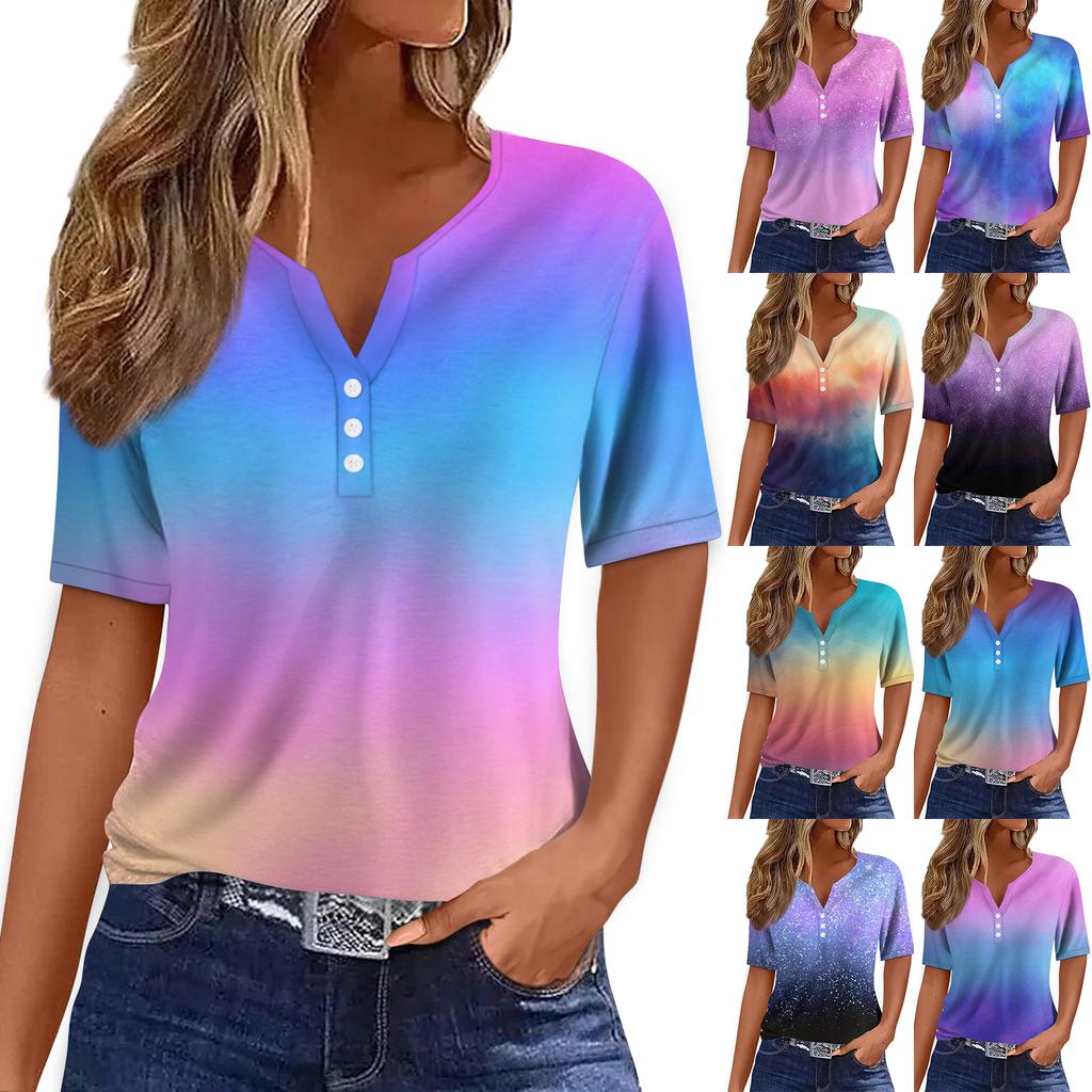 Женская футболка Футболка Принт Пуговица Короткий рукав Повседневная Мода для выходных Базовая V-образный вырез Обычный топ