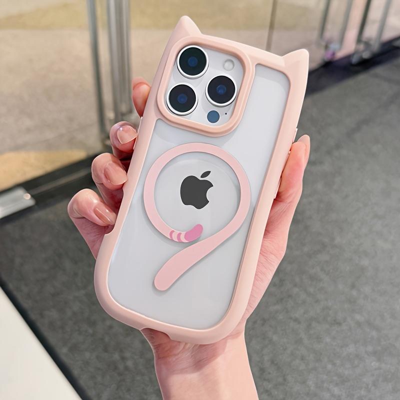 Магнитный Чехол-Хвост Кошки Прозрачный Матовый для iPhone 16 15 14 Plus 13 12 Mini 11 Pro Max Противоударный Чехол с Большим Отверстием