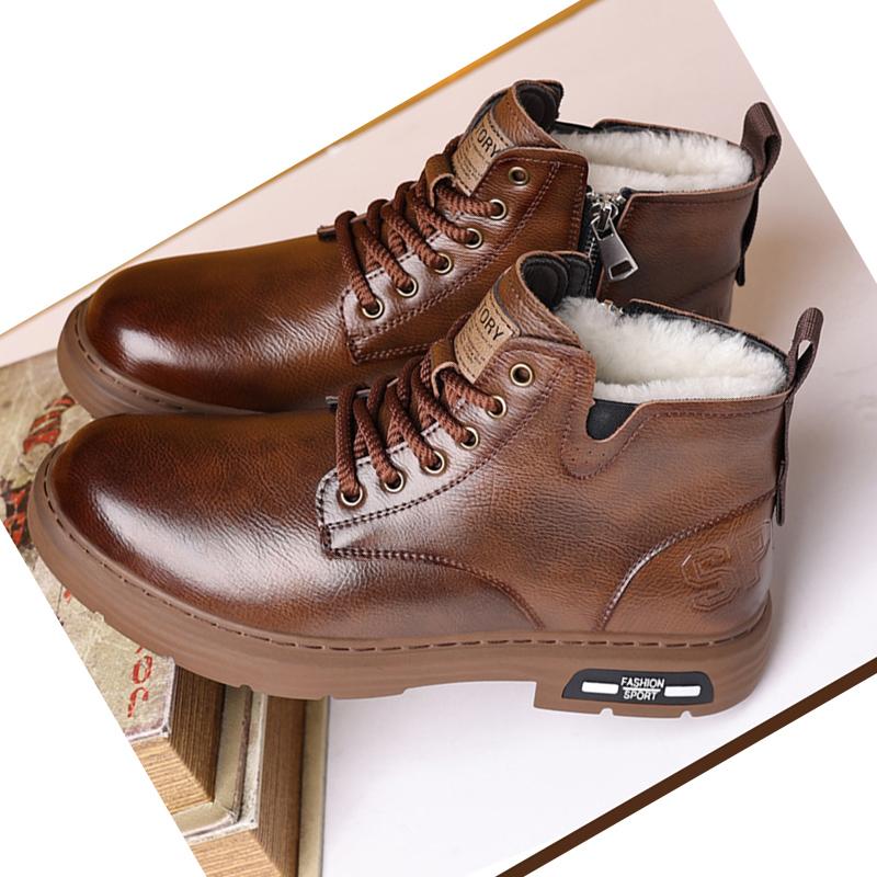 2025 Winter Genuine Leather Shoes Mens Snow Boots Warm Plush Flat Brand Male Ankle Boots Black Brown Non-slip