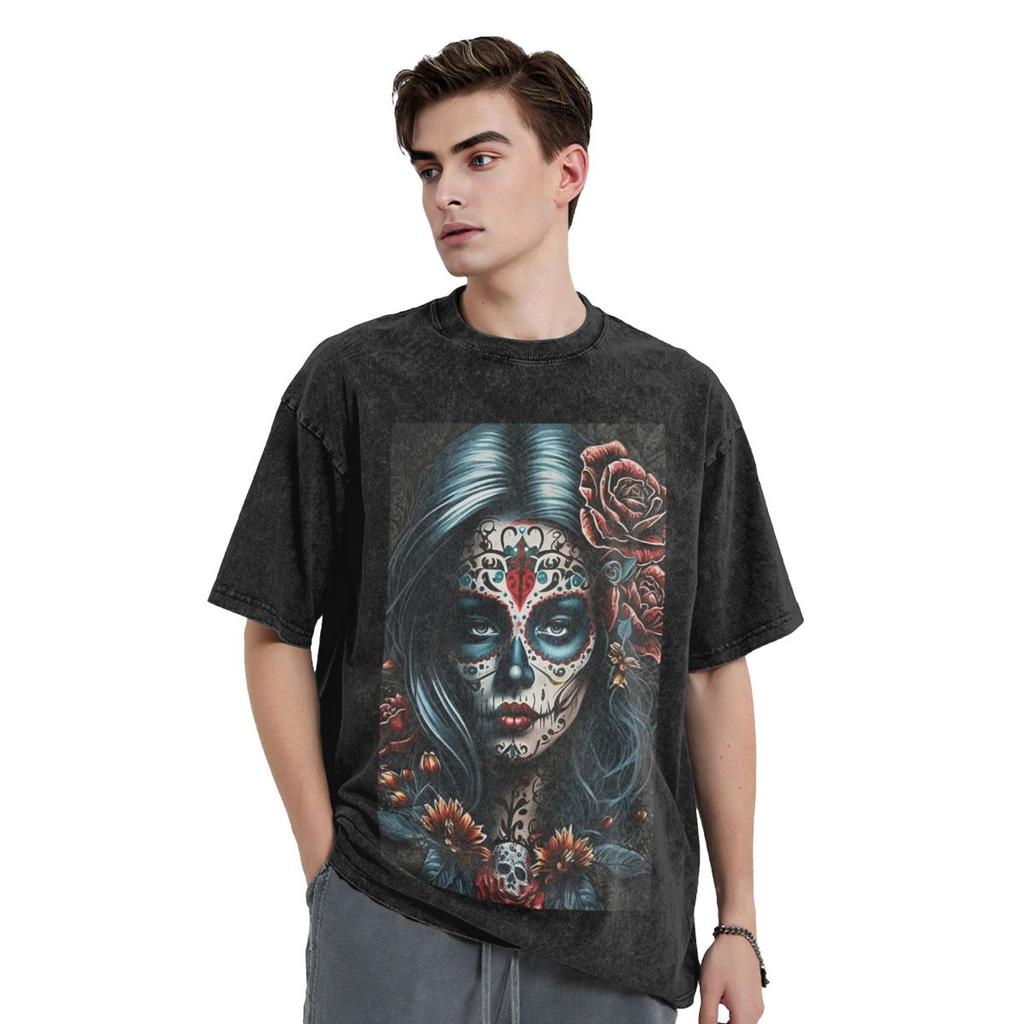 Mexico Skull Woman Vintage Style 15 Washed T Shirts Harajuku Short Sleeve Hip Hop T-Shirt Streetwear Tops Tees for Men Women