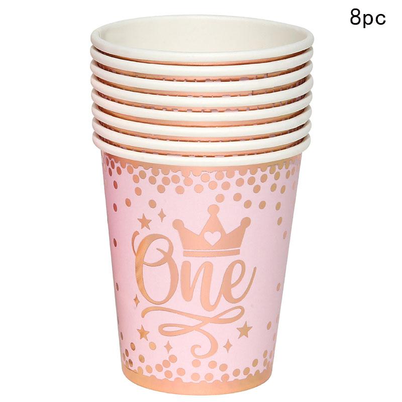 Pink Gold Girl One Year Birthday Disposable Tableware Princess Crown Plates Paper Cups 1st Baby Girl Happy Birthday Party Decor