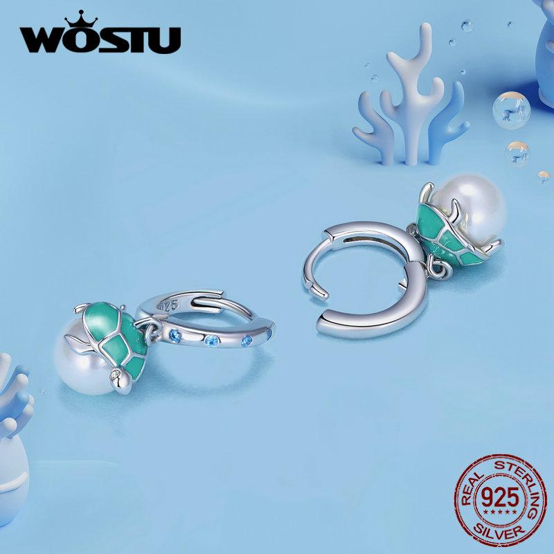 WOSTU 925 Sterling Silver Green Turtle White Pearl Drop Dangle Earrings For Women Summer Beach Jewelry Gift
