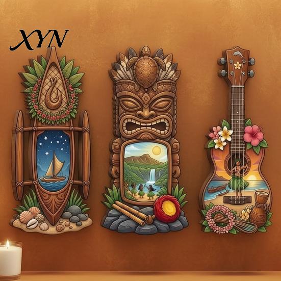 Tropical Home Decor 3Pcs Hawaiian Tiki Wooden Wall Hanging Sign, Surf Coastal Art, Surfing Themed Exquisite Plaque for Bar Patio & Holiday Gift Style