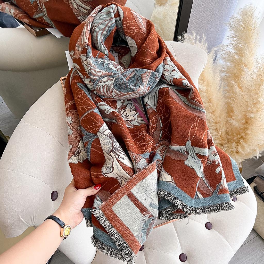 Women's Autumn & Winter Elegant Double-Sided Print Pashmina Scarf - Warm Fringed Shawl, Outdoor Cold-Resistant Windproof Blanket
